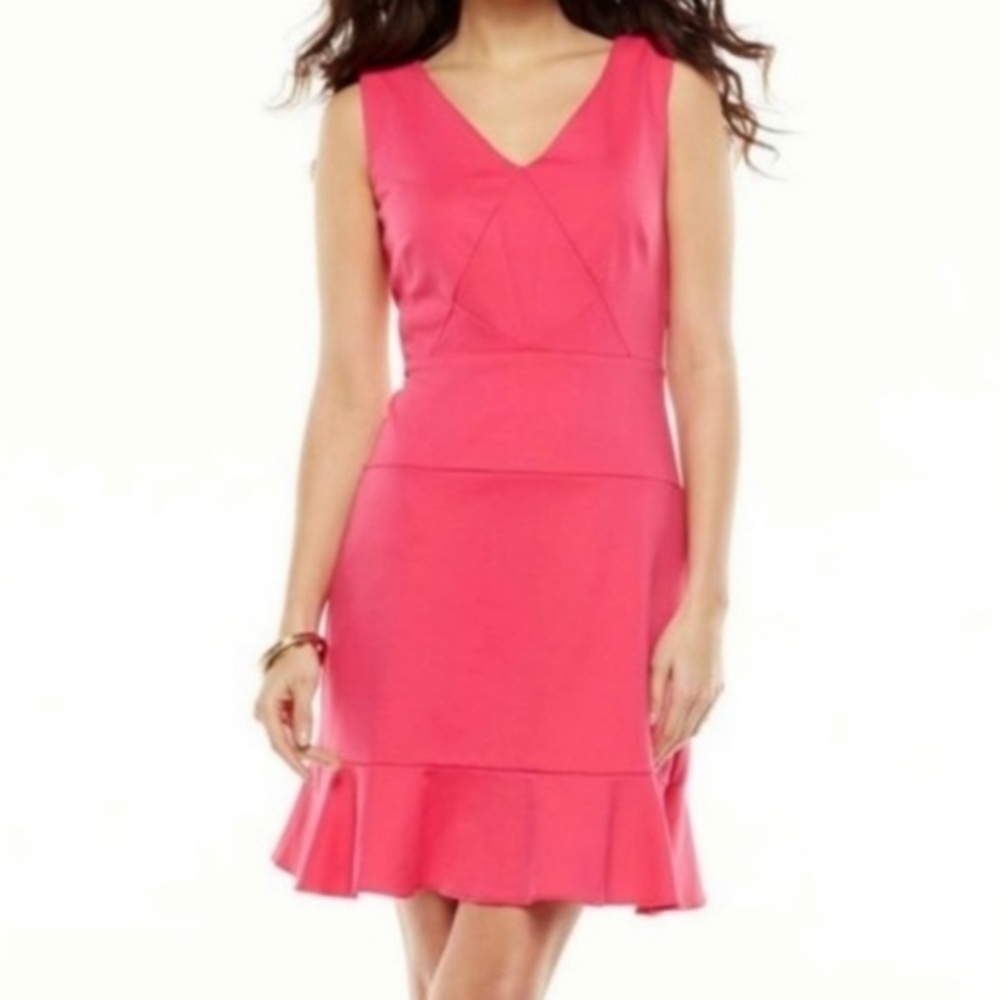 Jennifer Lopez Womens Pink Dress Sz 12 V-Neck Ruffle Hem A-Line Sleeveless Lined